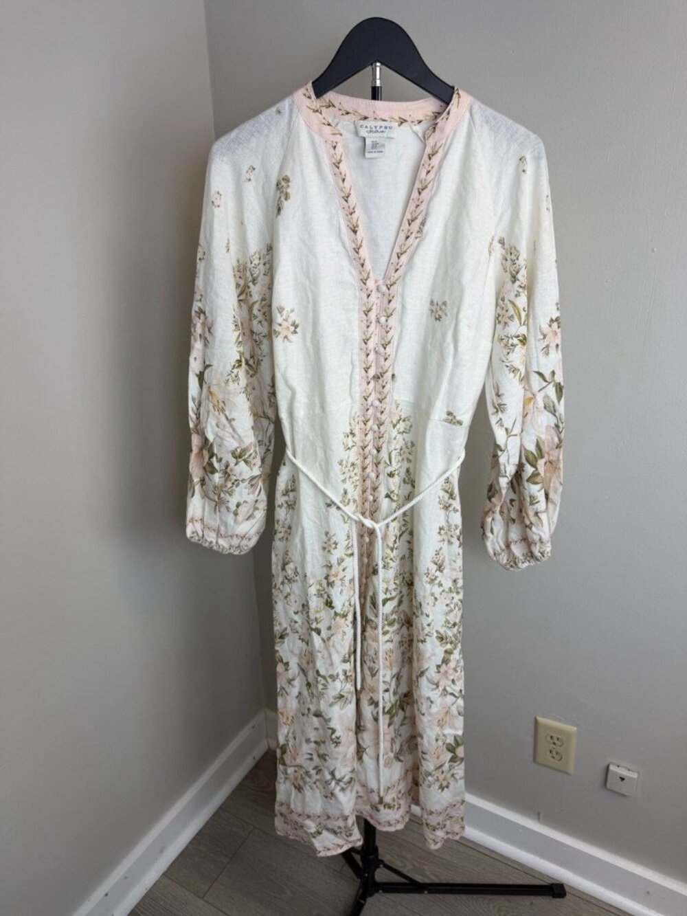 Calypso St. Barth Floral Maxi Dress With Tie Waist Button Front & Balloon Sleeve - Picture 2 of 10